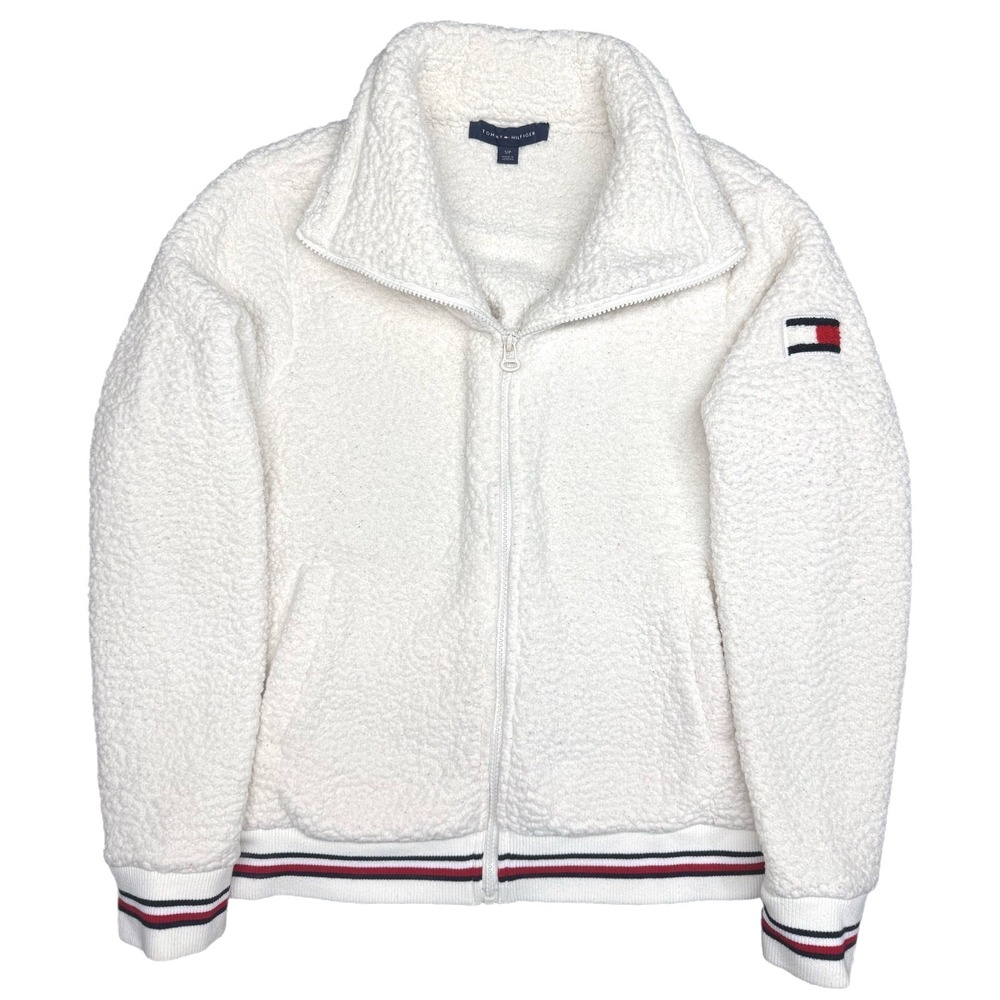 Tommy Hilfiger‎ Sherpa Fleece Jacket Women's Small White Full Zip Flag Logo